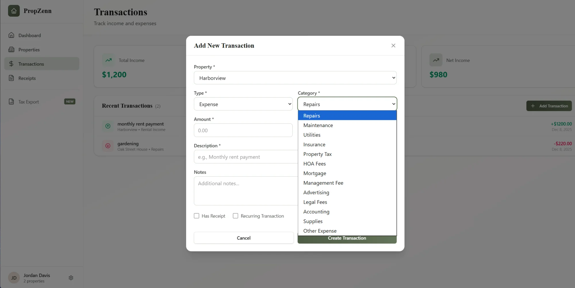 PropZenn Transactions page showing expense entry form with IRS Schedule E category dropdown